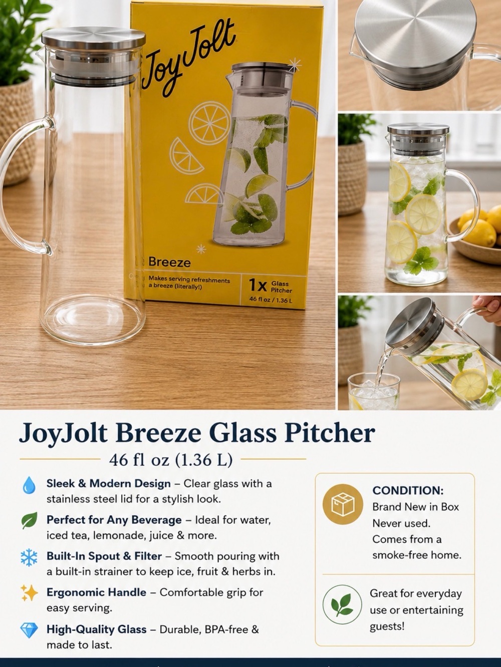 Jolt Breeze Glass Pitcher with Stainless Steel Lid — Clear